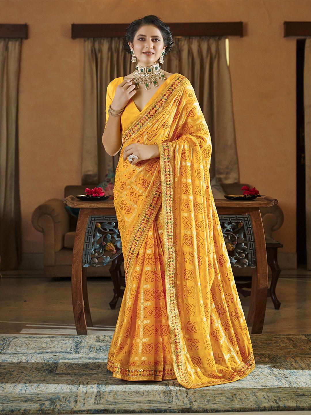 rajgranth yellow bandhani pure georgette bandhani saree