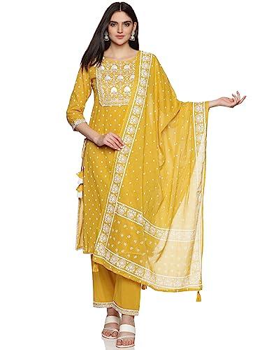rajmandirfabrics women's cotton embroidered straight kurta pant with dupatta set (pk10111076-m_mustard yellow_medium)