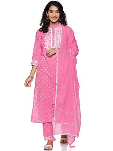 rajmandirfabrics women cotton kurta pant with dupatta set(pk10110037-3xl_pink & white_3xl)