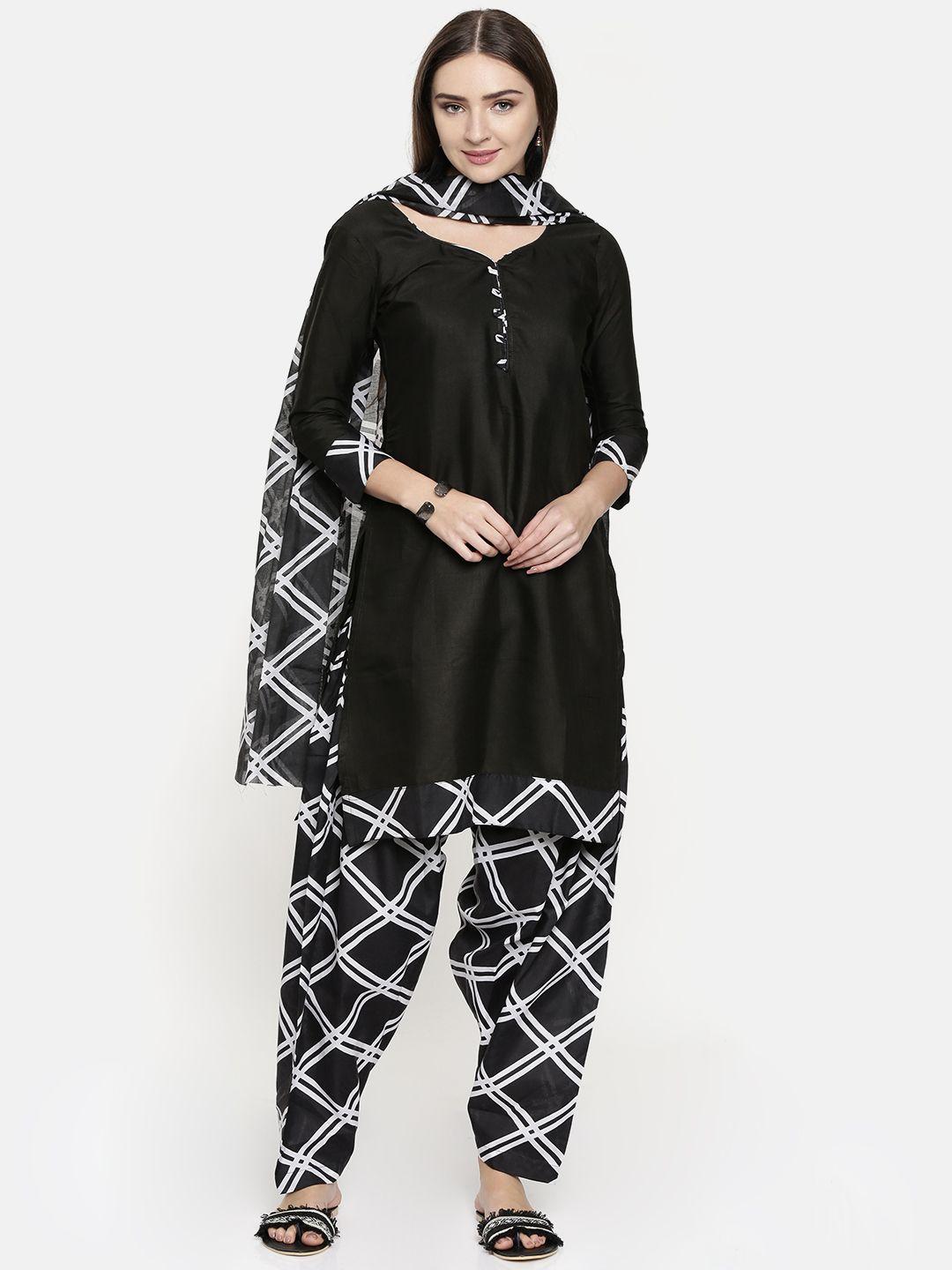 rajnandini black & white cotton blend unstitched dress material
