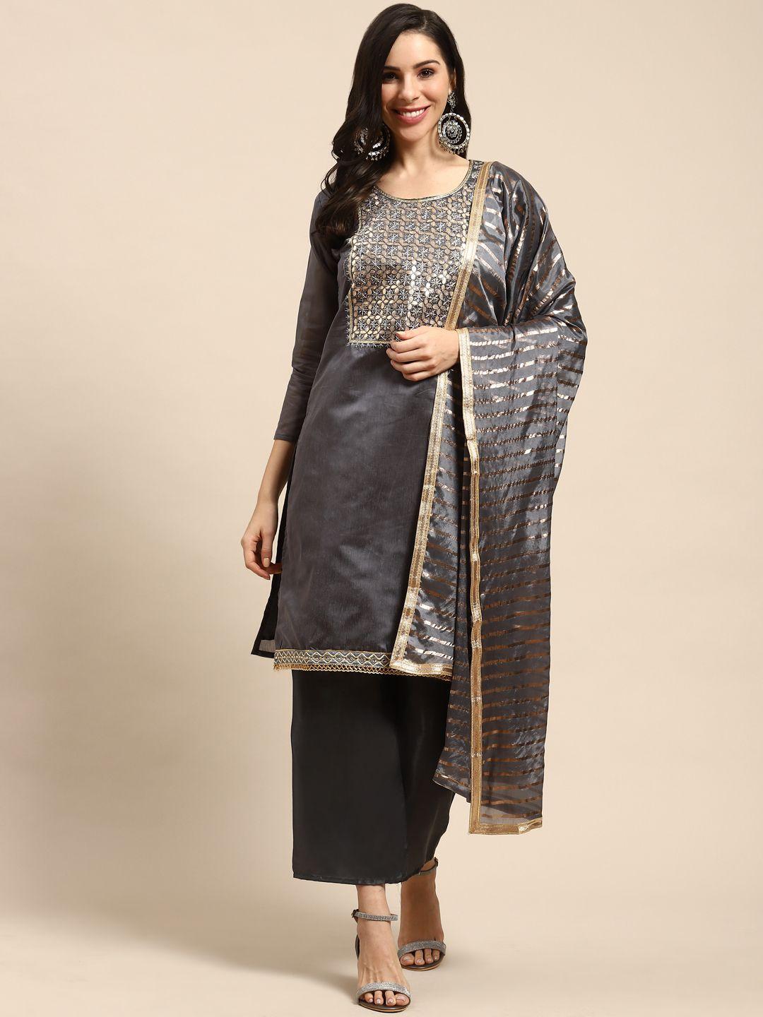 rajnandini charcoal grey & golden embroidered semi-stitched dress material