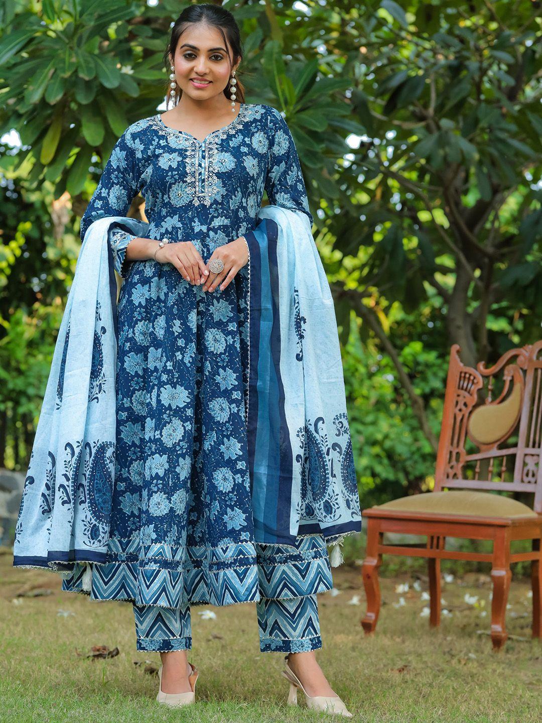 rajnandini floral printed mirror work pure cotton kurta with trousers & with dupatta