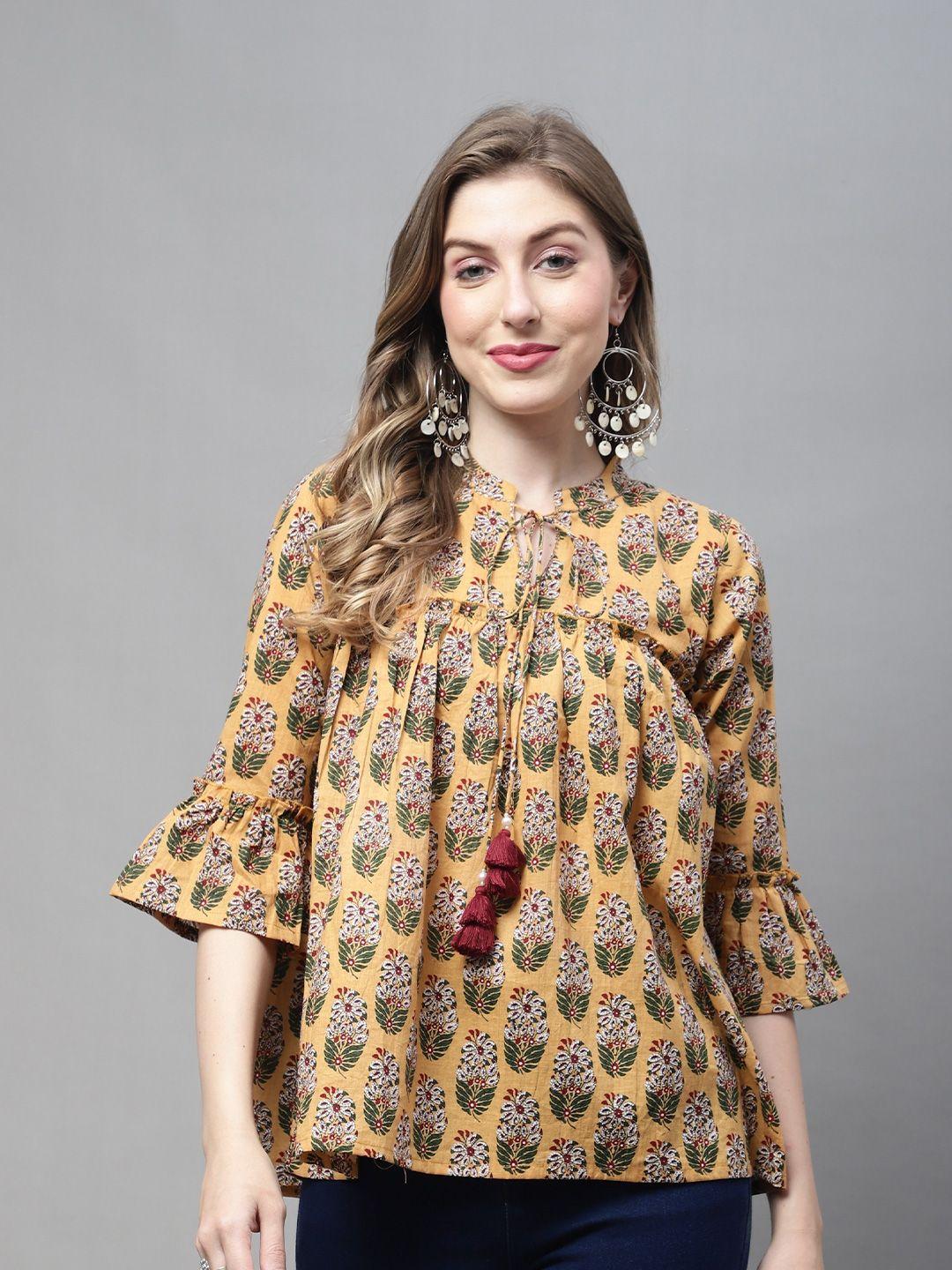 rajnandini floral printed tie up neck bell sleeve pure cotton top