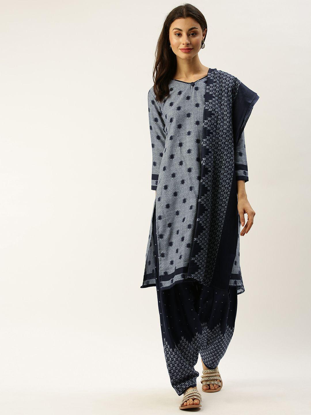 rajnandini grey & navy blue cotton blend printed unstitched dress material