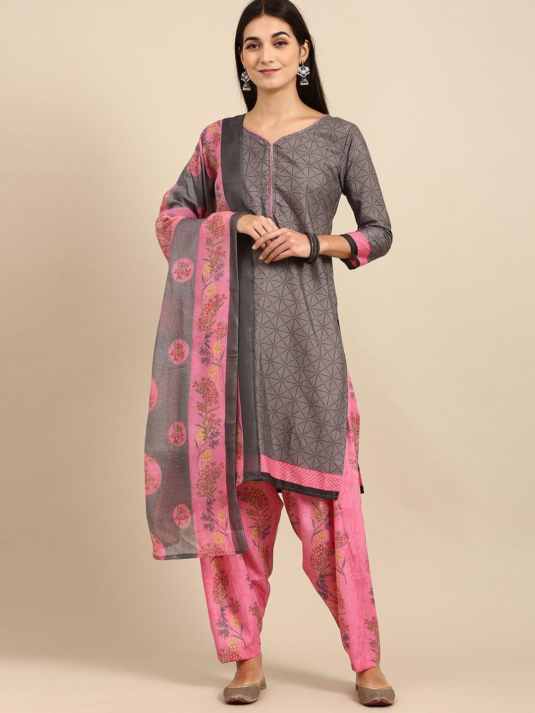 rajnandini grey & pink printed unstitched dress material