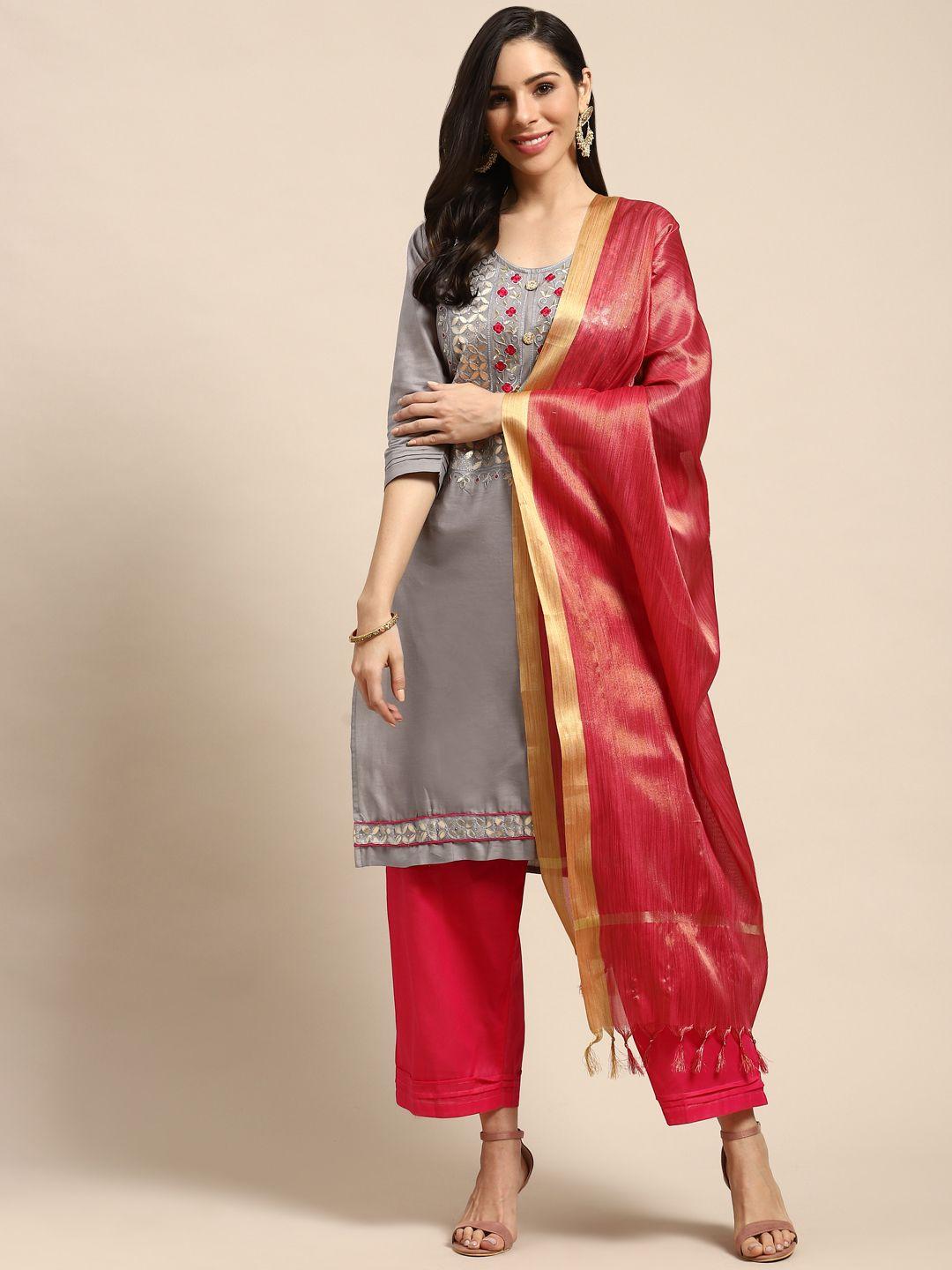 rajnandini grey & pink pure cotton semi-stitched dress material