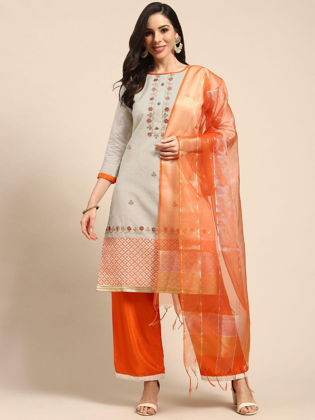 rajnandini off-white & orange silk blend semi-stitched dress material