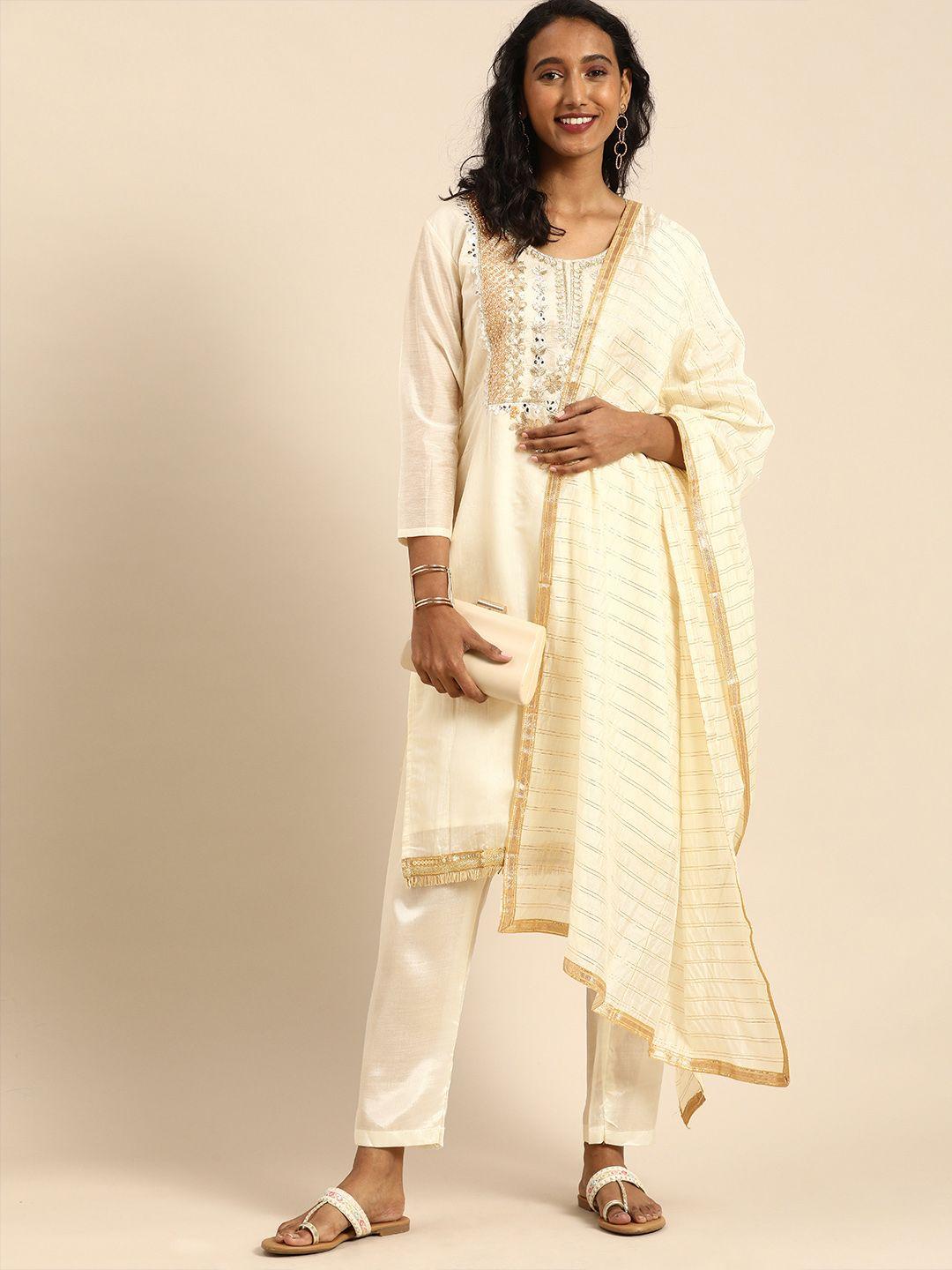 rajnandini off-white embroidered chanderi silk unstitched dress material
