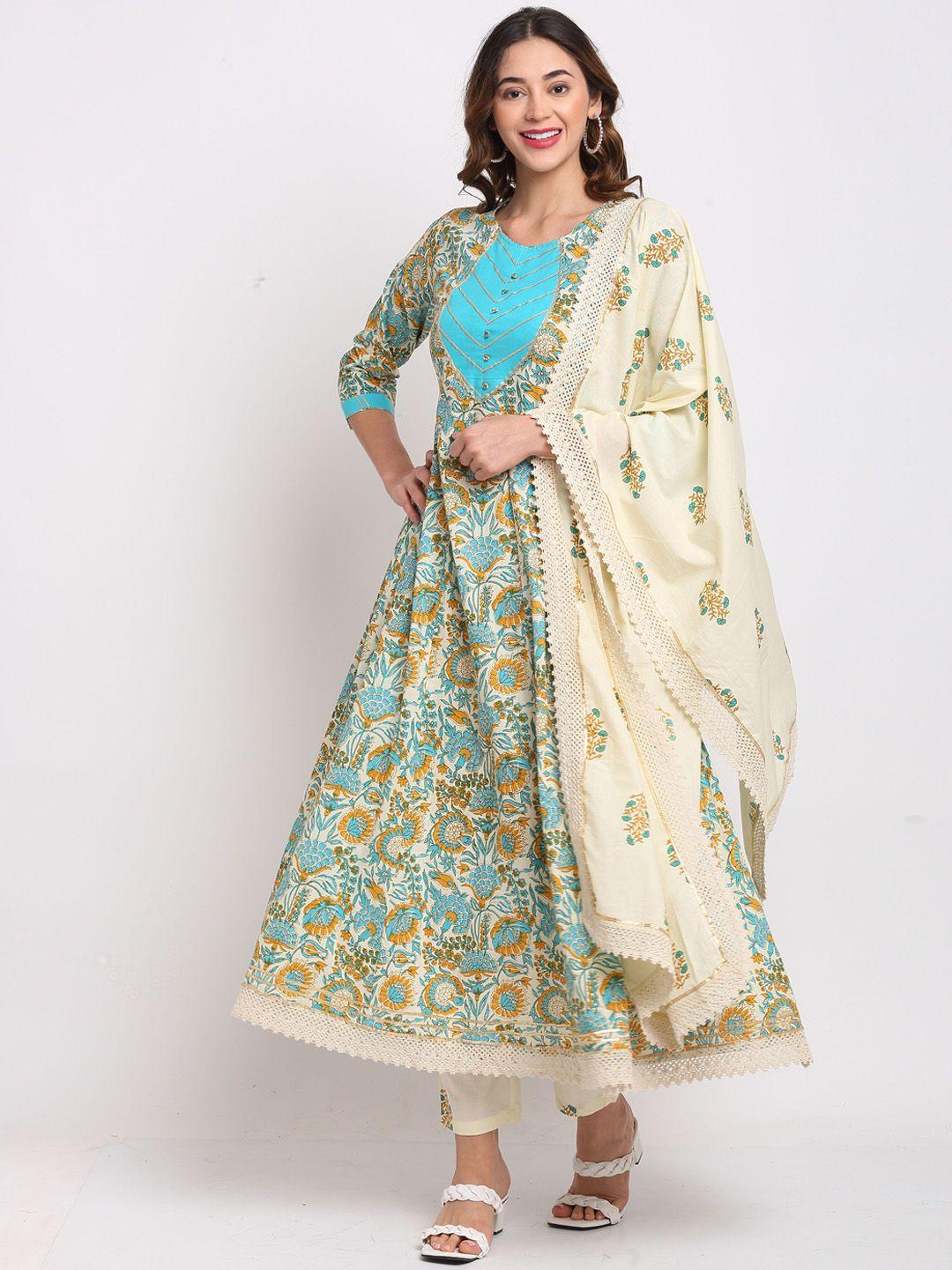 rajnandini women beige floral printed regular pure cotton kurta with trousers & with dupatta