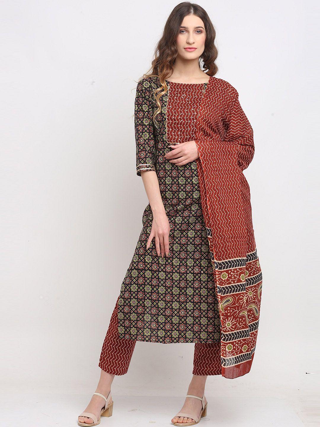 rajnandini women black floral printed pure cotton kurta with trousers & with dupatta