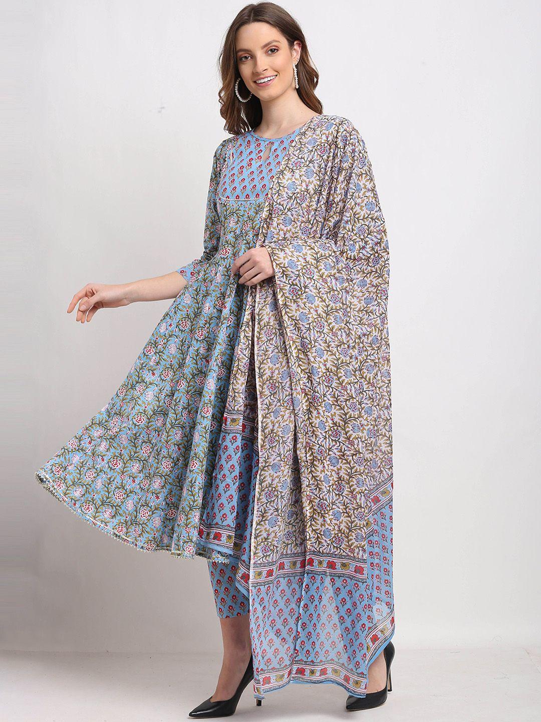 rajnandini women blue & pink floral printed cambric cotton kurta with trousers & dupatta