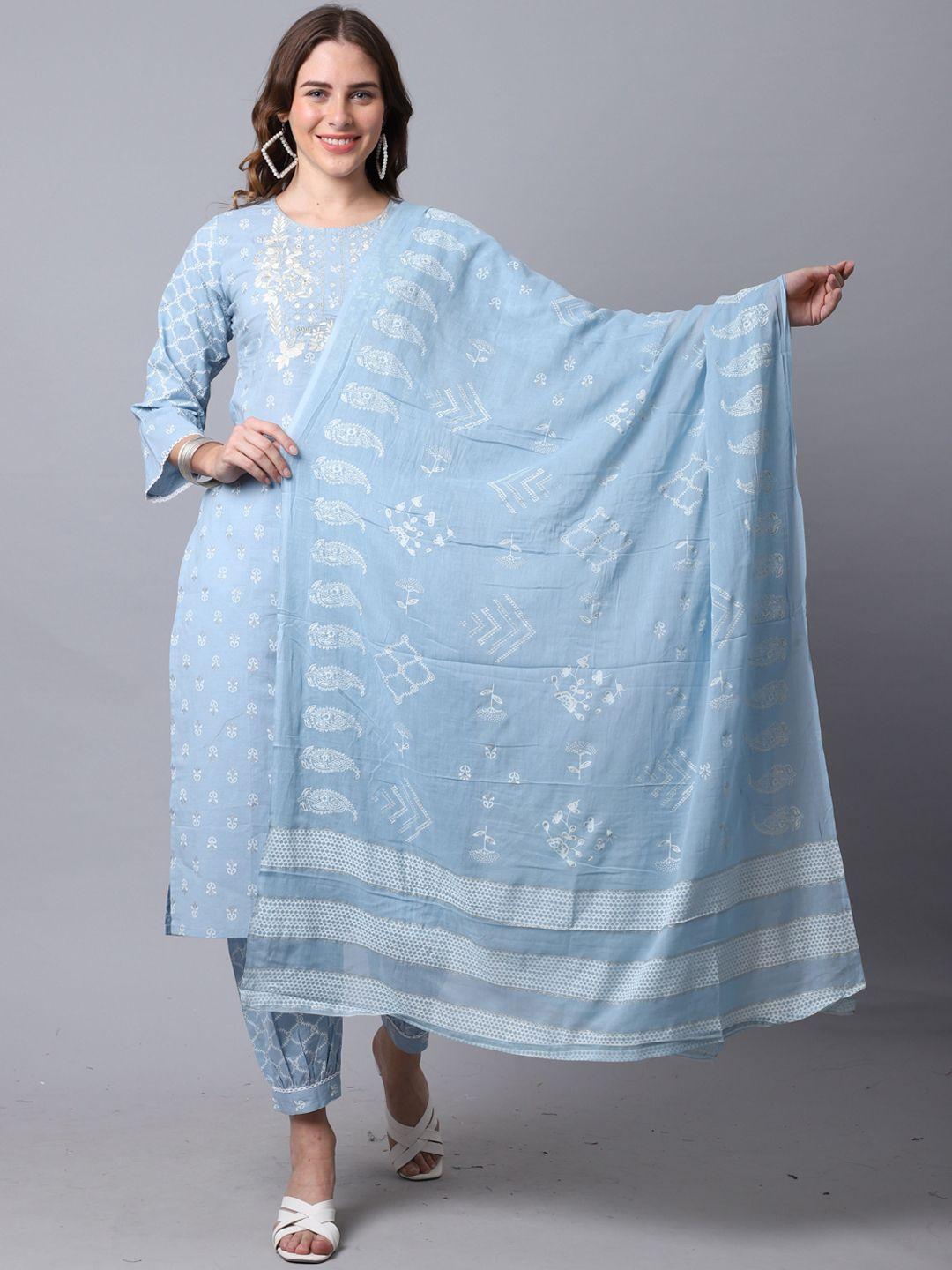 rajnandini women blue ethnic motifs printed pure cotton kurta with trousers & with dupatta