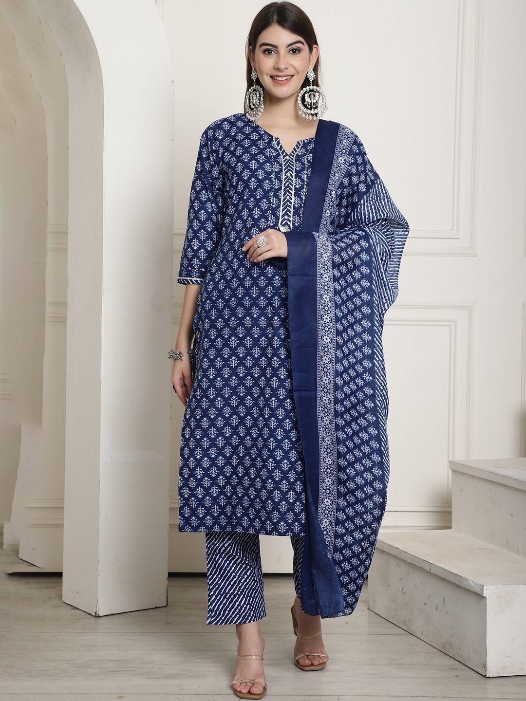 rajnandini women blue ethnic motifs printed regular kurti with trousers & with dupatta