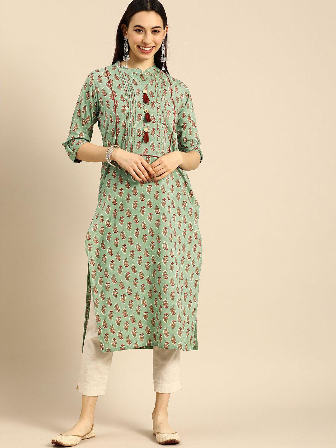 rajnandini women green paisley printed pure cotton kurta