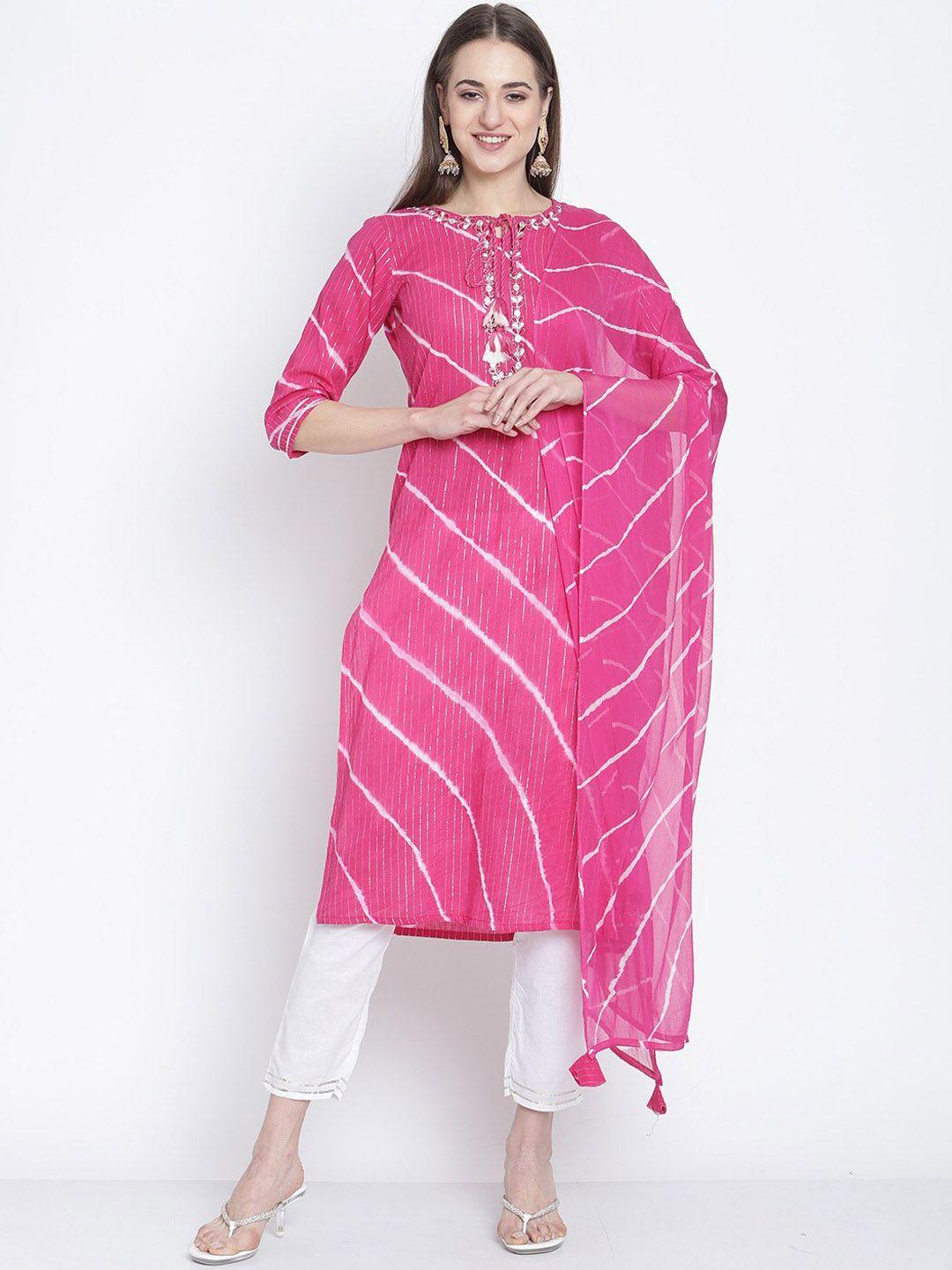 rajnandini women leheriya printed thread work pure cotton kurta with trousers & dupatta