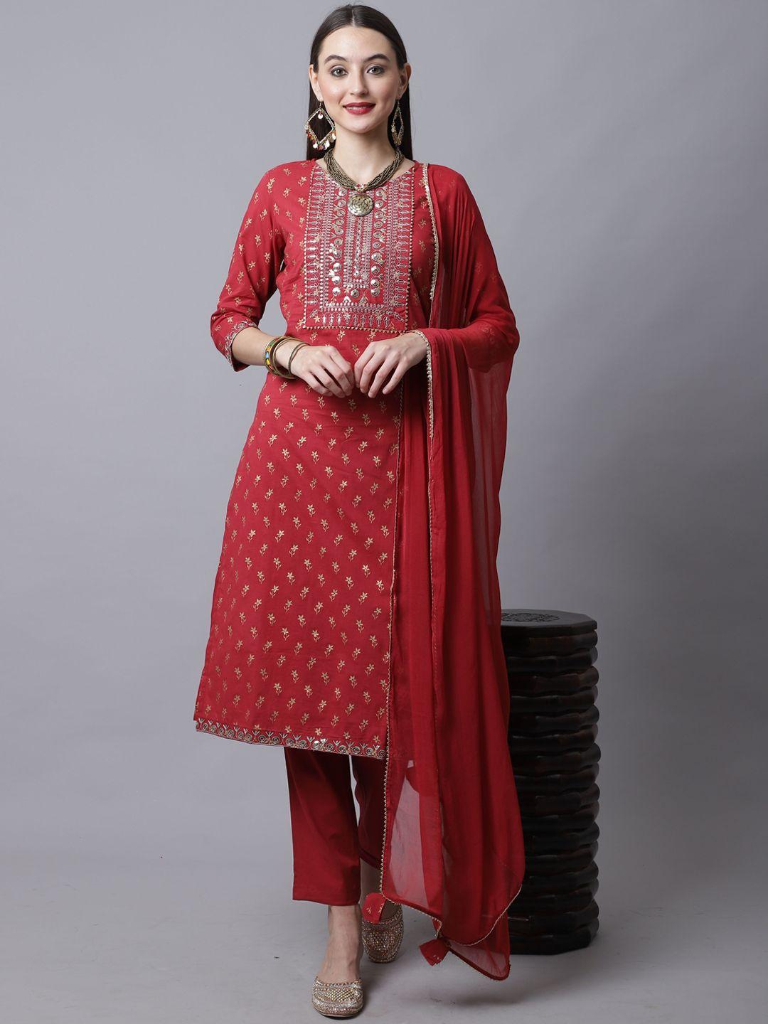 rajnandini women maroon floral embroidered sequinned pure cotton kurta with trousers & with dupatta