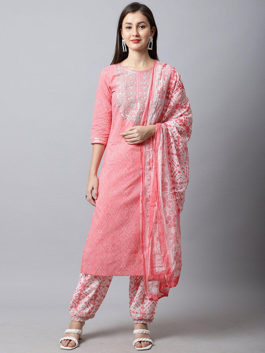 rajnandini women peach-coloured ethnic motifs printed pure cotton kurta with trousers & with dupatta