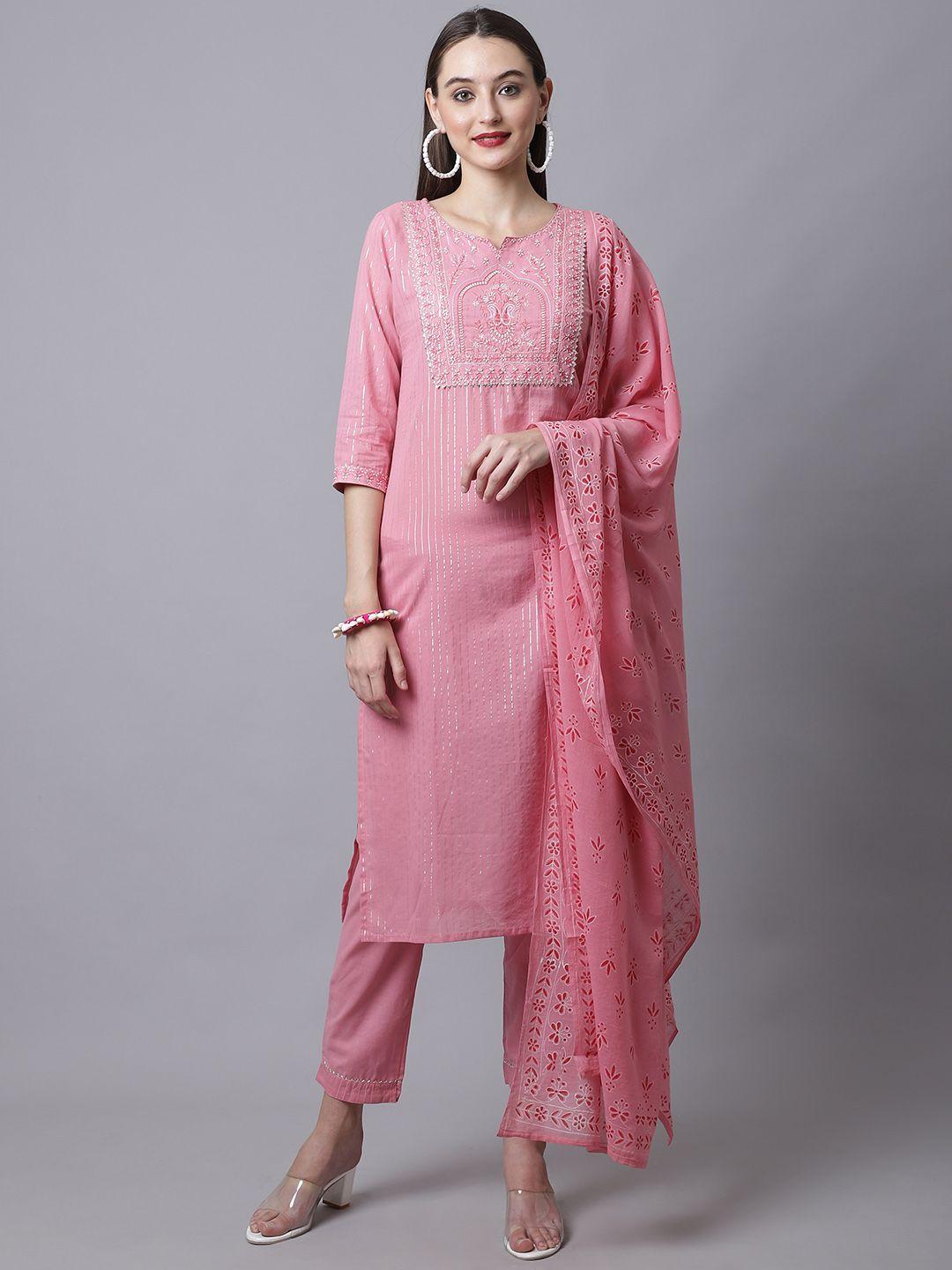 rajnandini women pink floral embroidered pure cotton kurta with trousers & dupatta