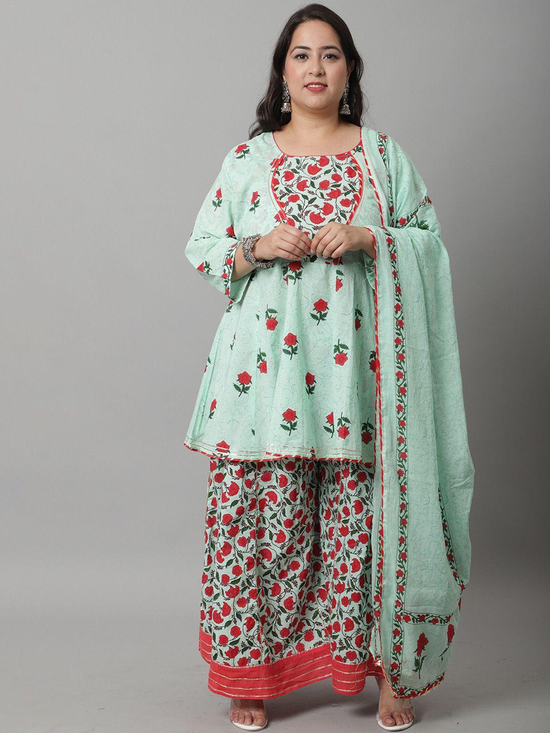rajnandini women plus size floral printed empire pure cotton kurta with palazzos & dupatta