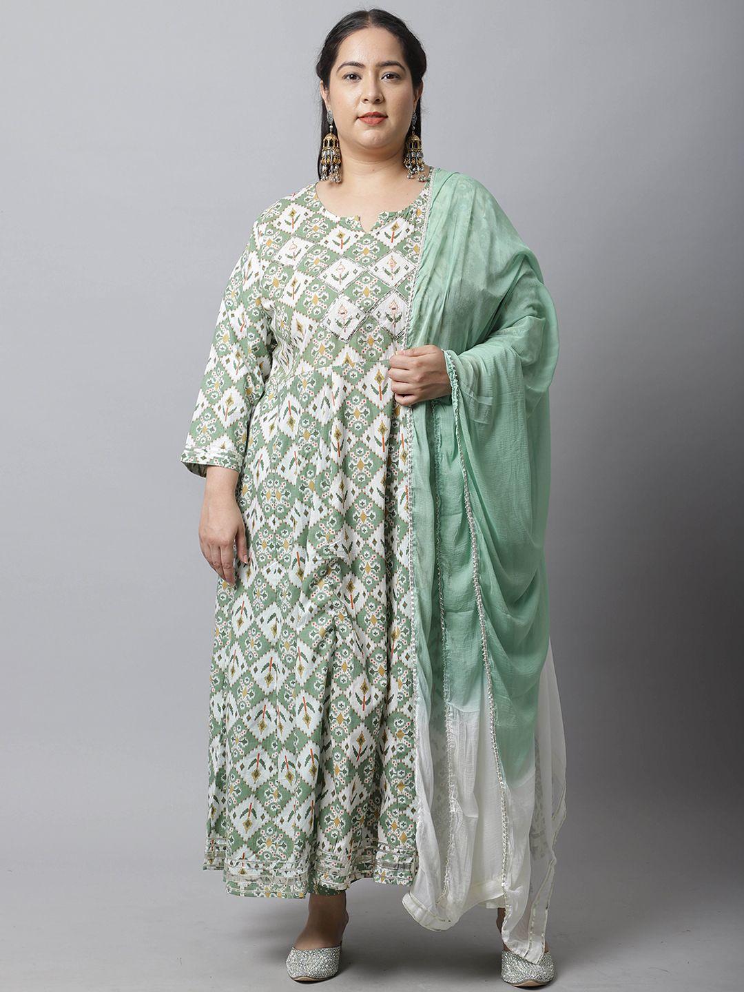 rajnandini women plus size green ethnic printed pure cotton kurta with trouser & dupatta