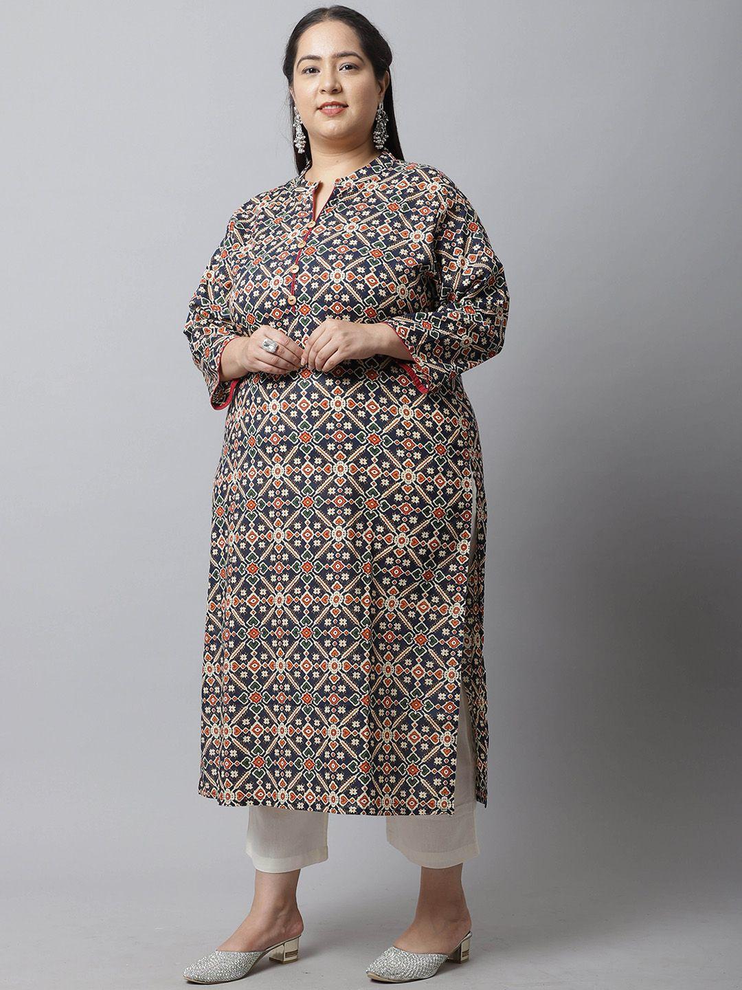 rajnandini women plus size navy blue ethnic motifs printed keyhole neck kurta