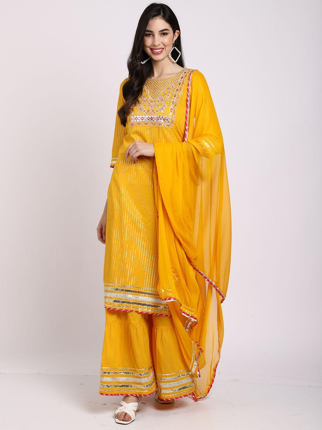 rajnandini women yellow embroidered gotta patti pure cotton kurta with sharara & with dupatta