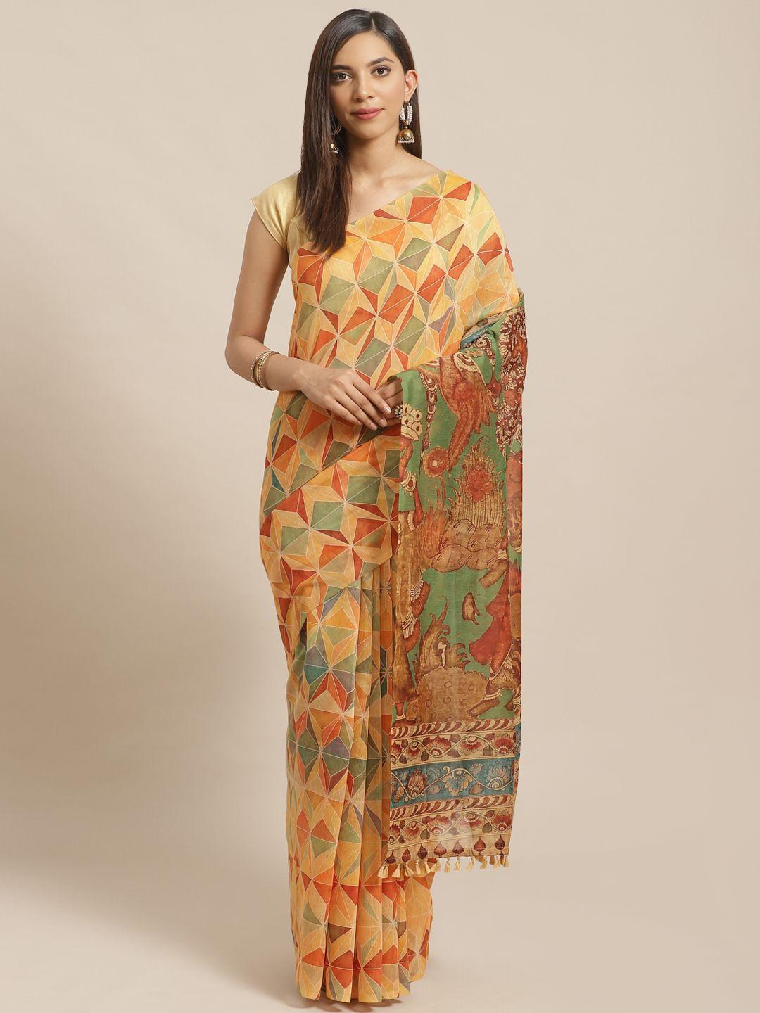 rajnandini beige & orange kalamkari print chanderi saree