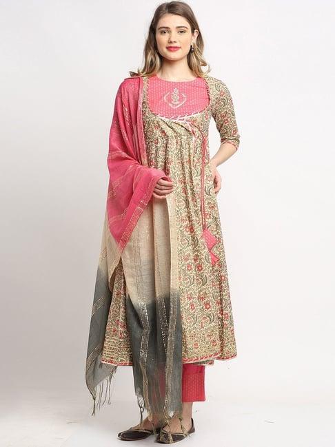 rajnandini beige & pink pure cambric cotton embroidered kurta pant set with dupatta