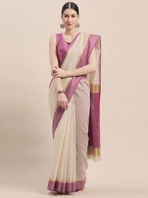 rajnandini beige & purple cotton woven saree with unstitched blouse