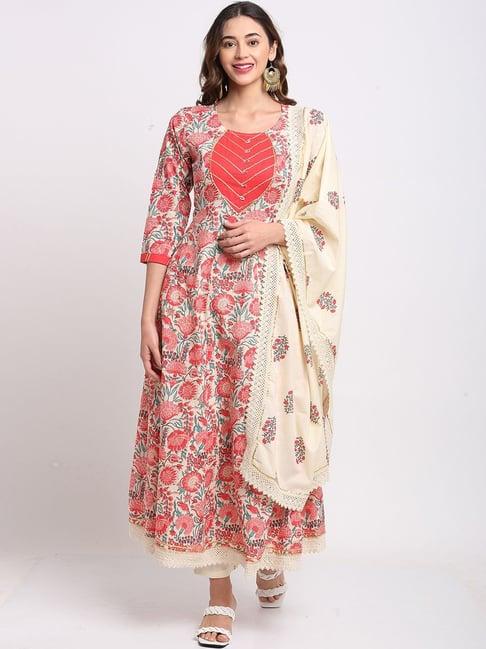 rajnandini beige & red pure cambric cotton floral print kurta pant set with dupatta