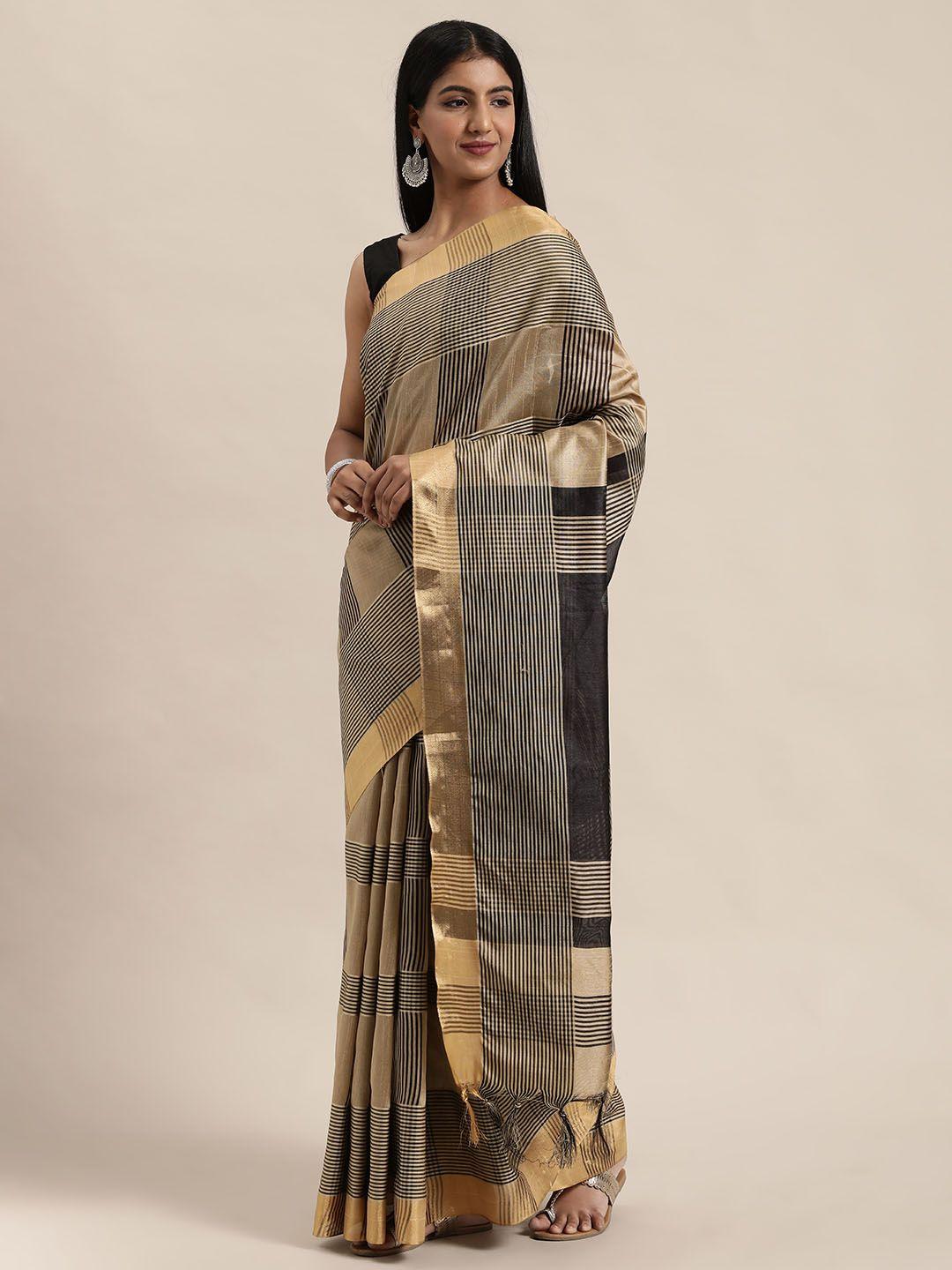 rajnandini black & beige silk cotton striped saree