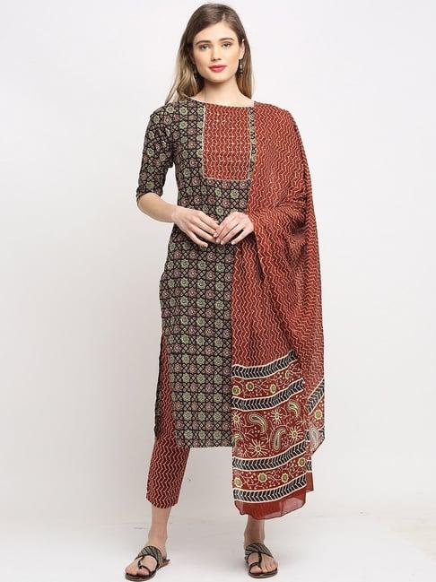 rajnandini black & maroon pure cambric cotton floral print kurta pant set with dupatta