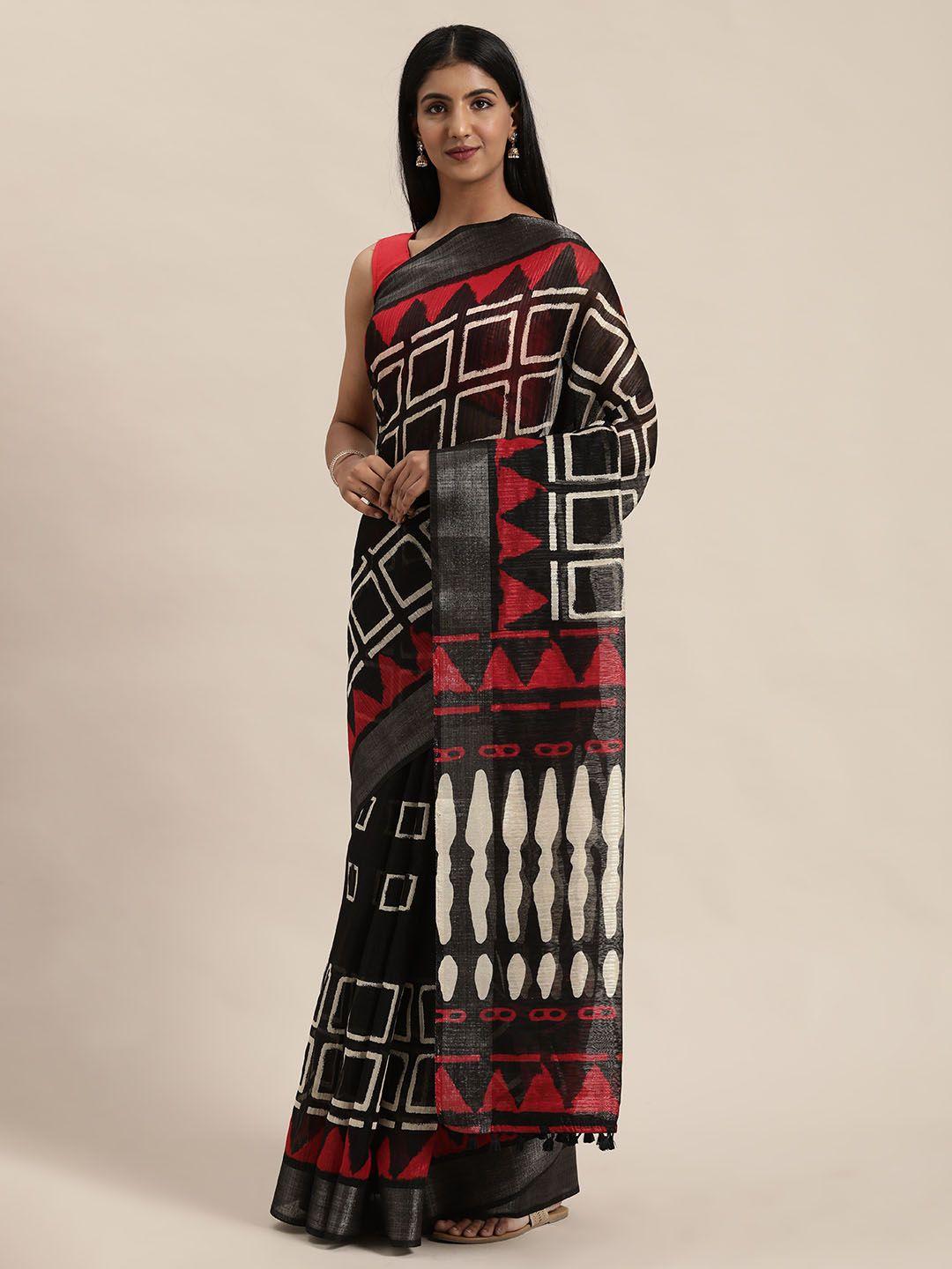 rajnandini black & red silk cotton printed saree