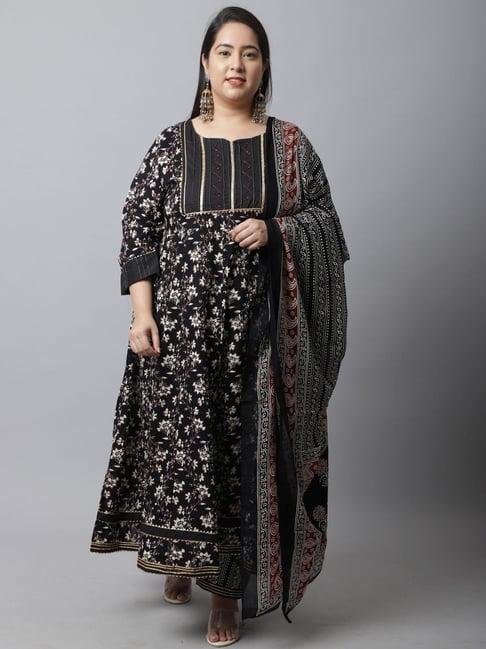 rajnandini black cotton printed kurta pant set with dupatta