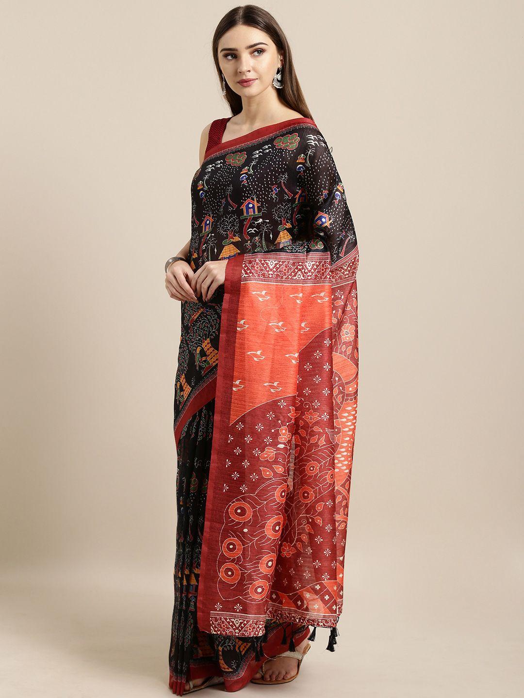 rajnandini black printed silk cotton saree