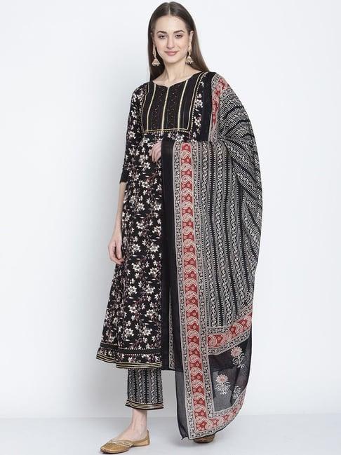 rajnandini black pure cambric cotton floral print kurta pant set with dupatta