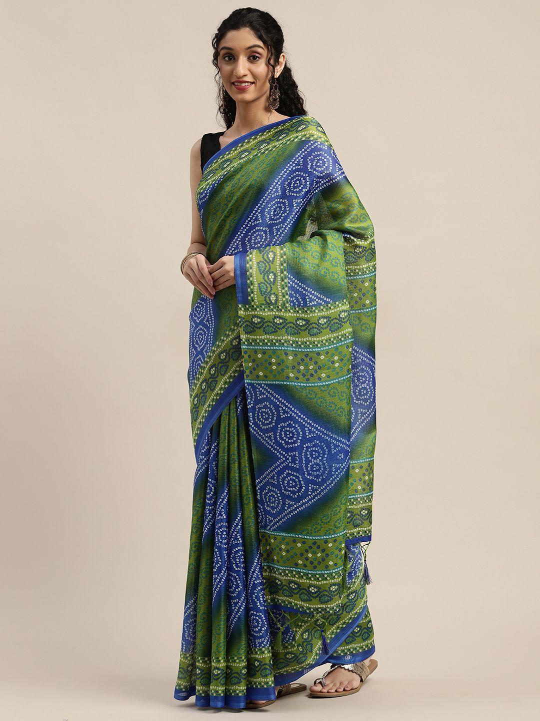 rajnandini blue & green cotton blend bandhani printed kota saree