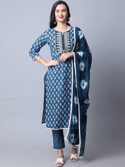 rajnandini blue printed kurta pant set with dupatta