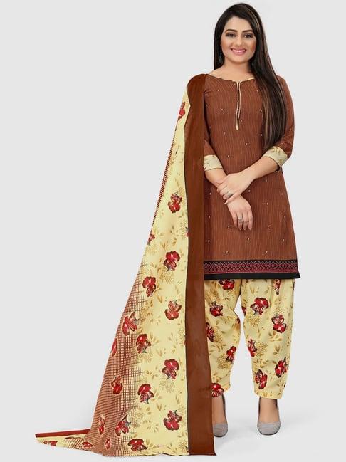 rajnandini brown & beige cotton printed unstitched dress material