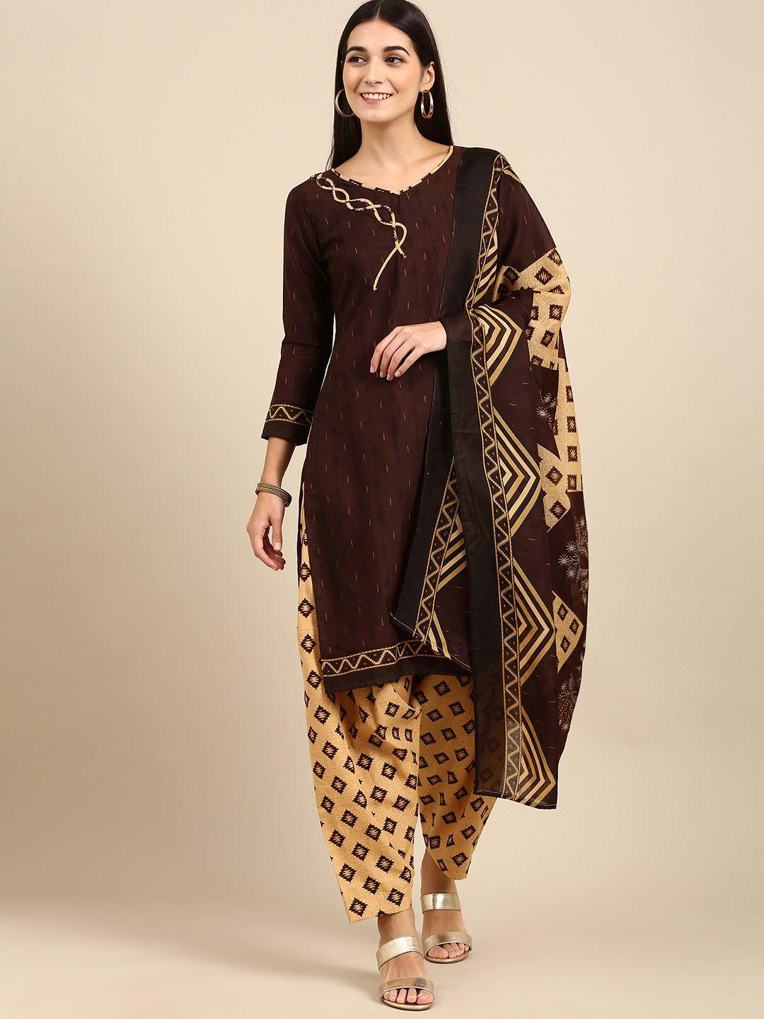 rajnandini brown & beige printed unstitched dress material