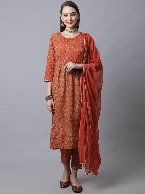 rajnandini brown cotton printed kurta pant set with dupatta