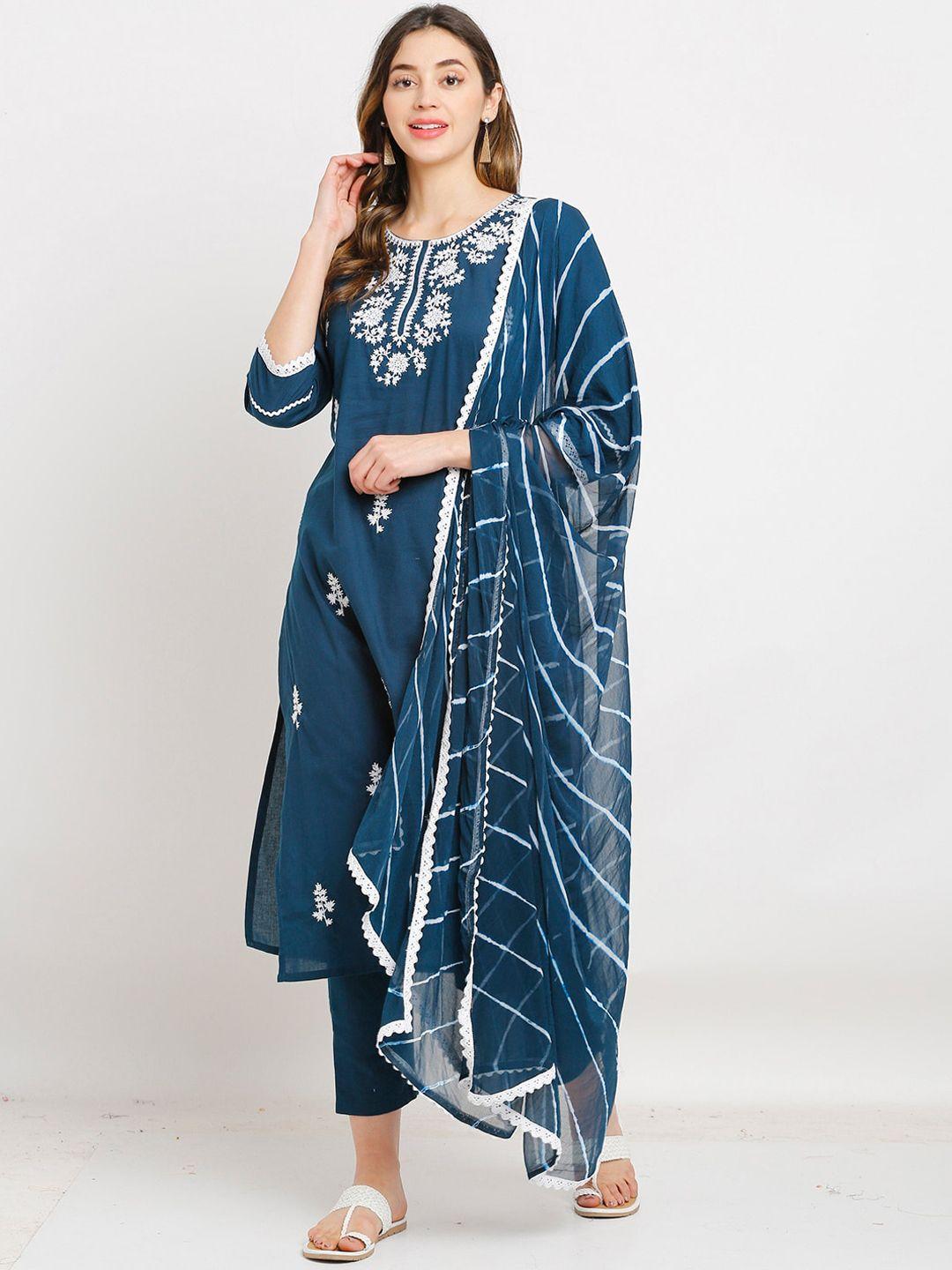 rajnandini floral embroidered thread work pure cotton kurta with dupatta