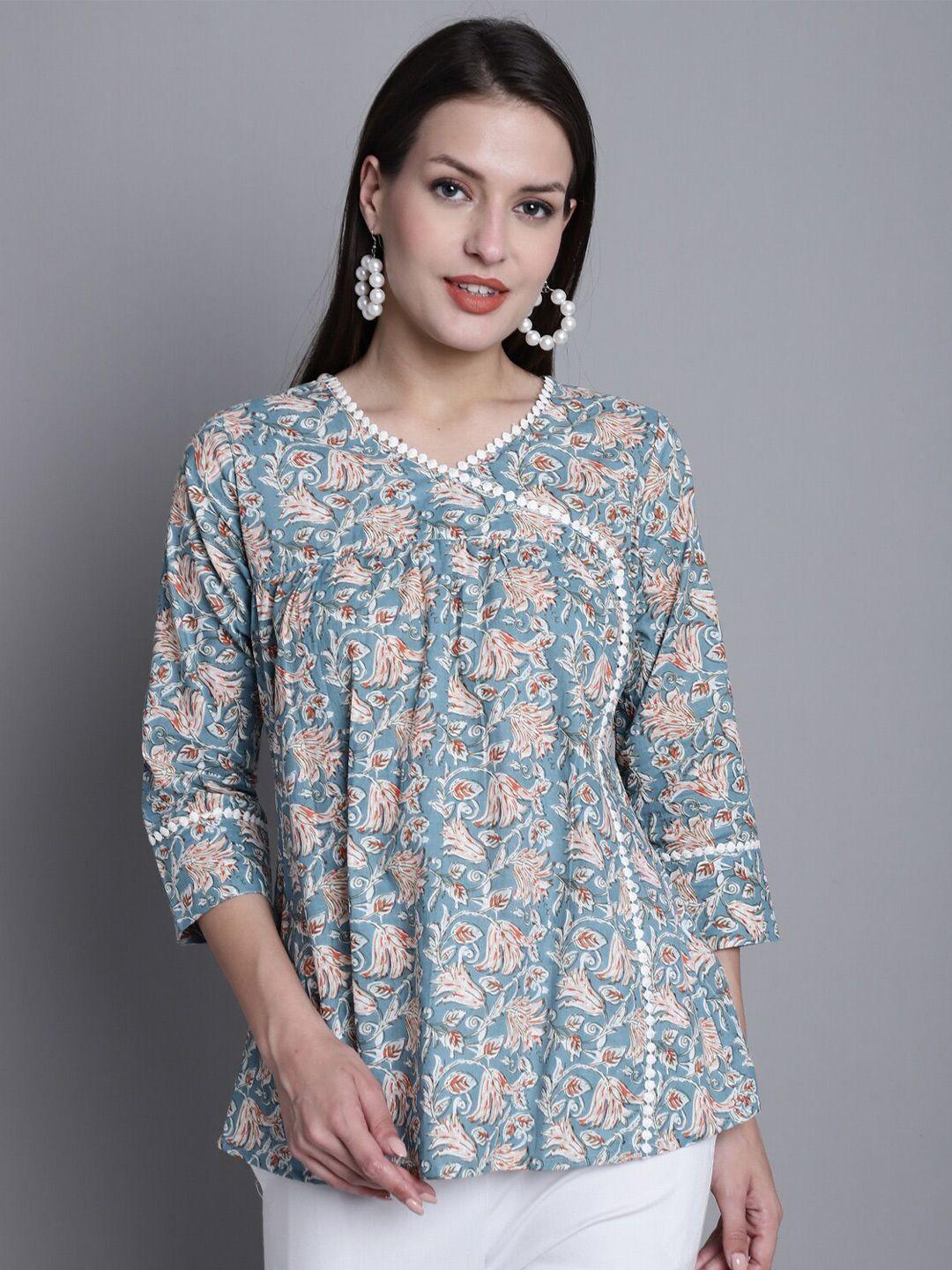 rajnandini floral printed v-neck pure cotton a-line top