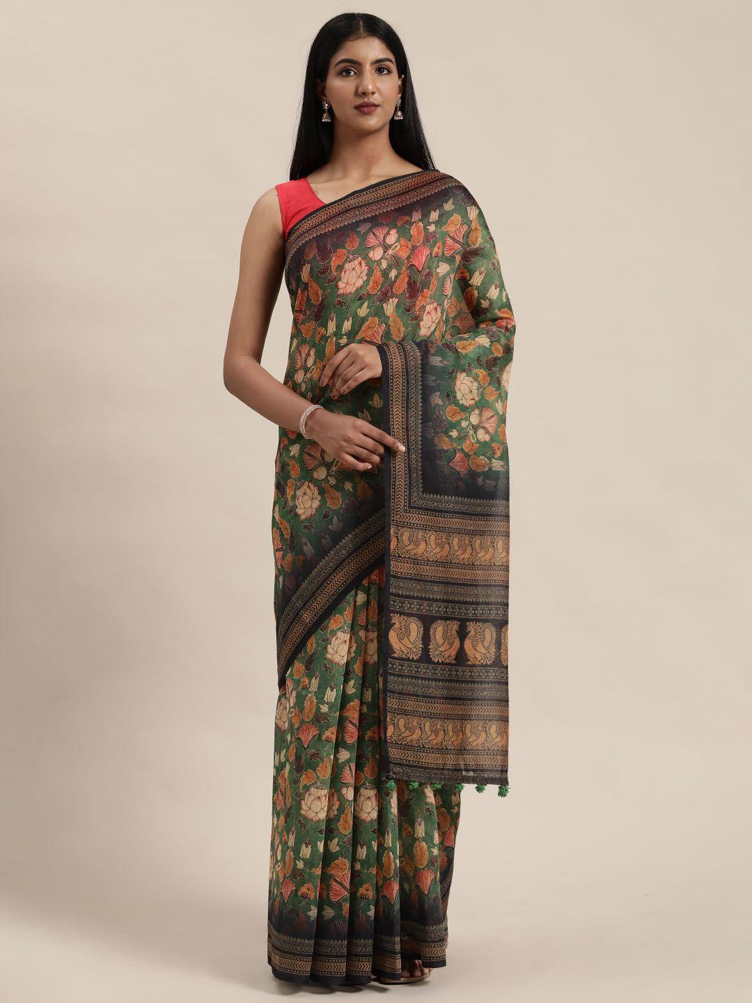 rajnandini green & beige silk cotton floral printed saree