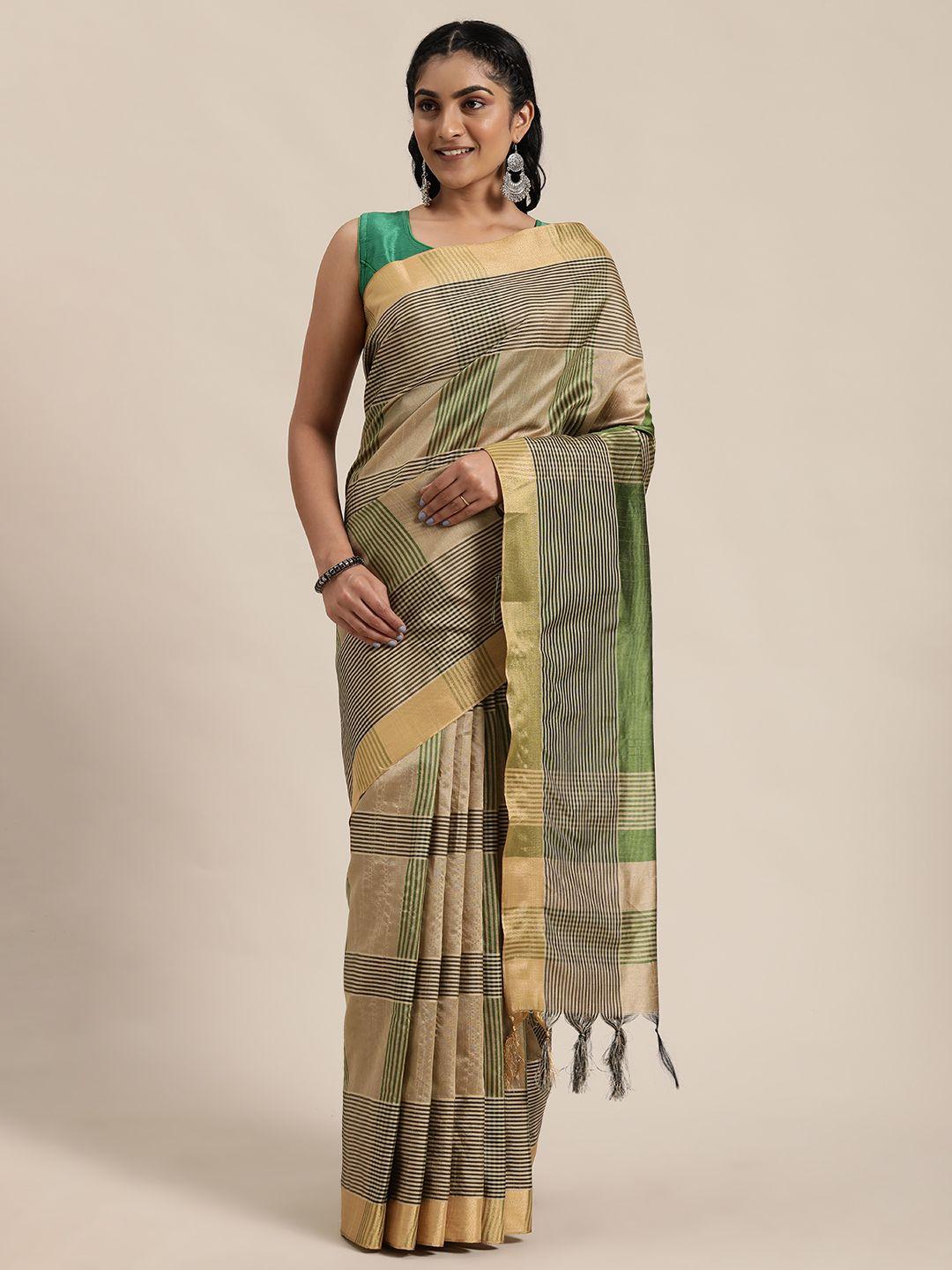 rajnandini green & beige silk cotton printed saree