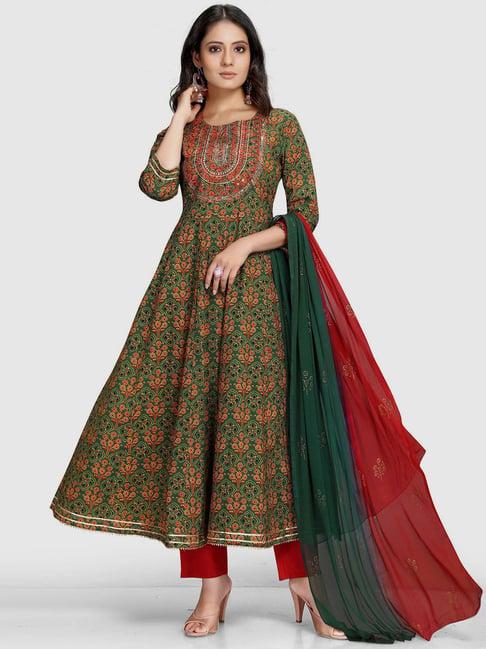 rajnandini green & red embroidered kurta pant set with dupatta