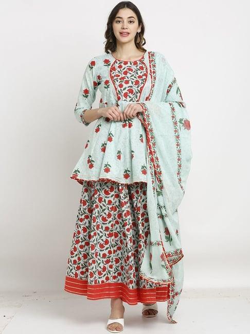 rajnandini green pure cambric cotton floral print kurti skirt set with dupatta