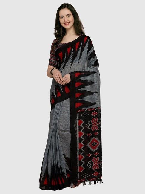 rajnandini grey & black linen printed saree with unstitched blouse