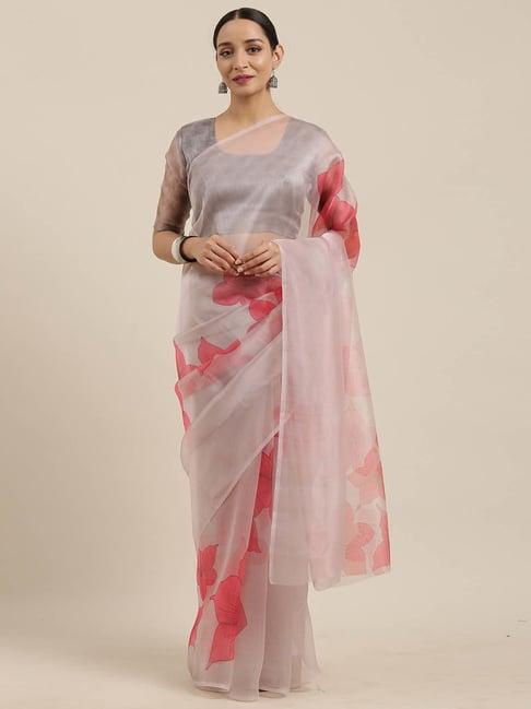 rajnandini grey & pink floral print saree with unstitched blouse