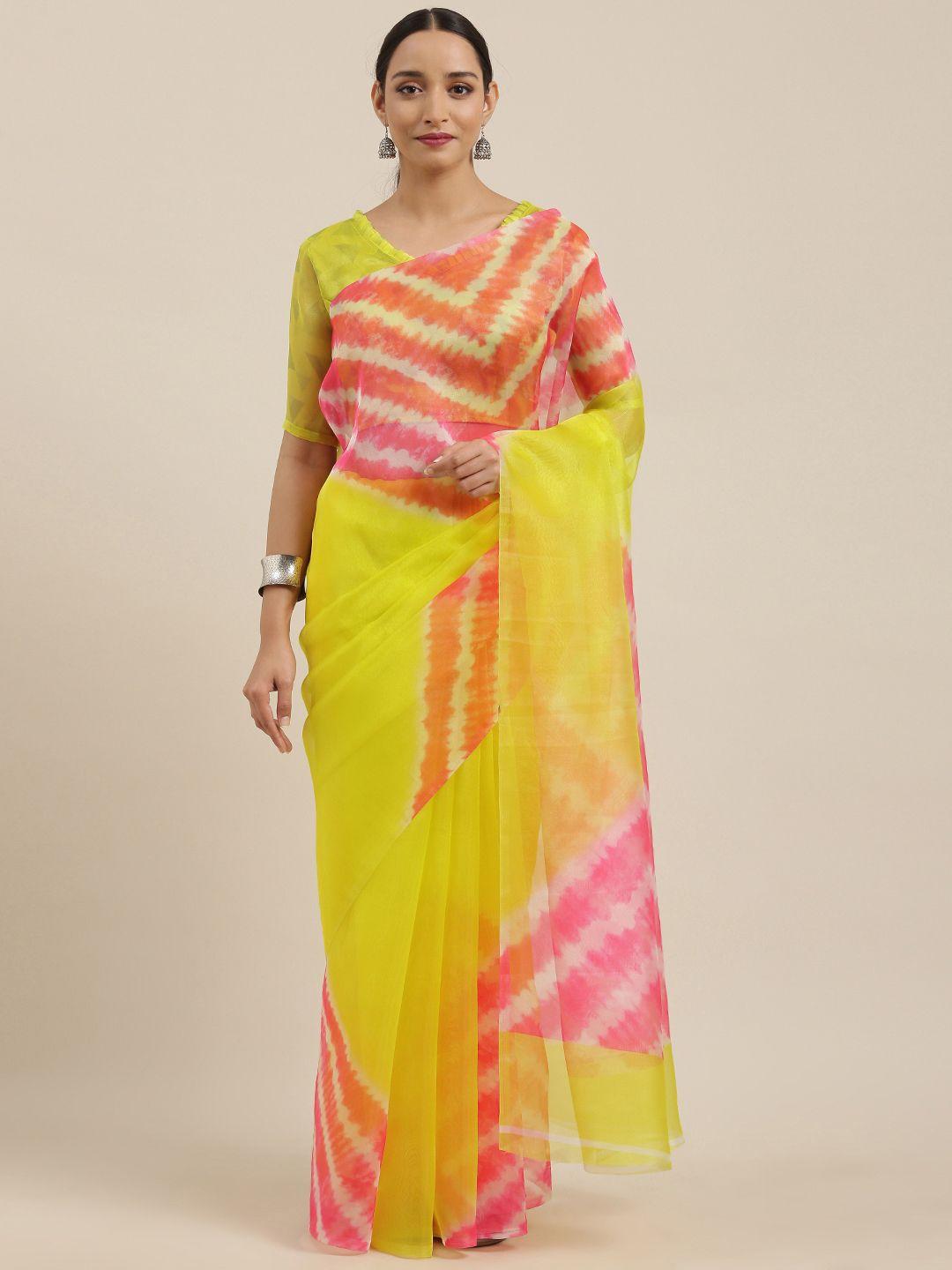 rajnandini lime green & pink organza printed saree